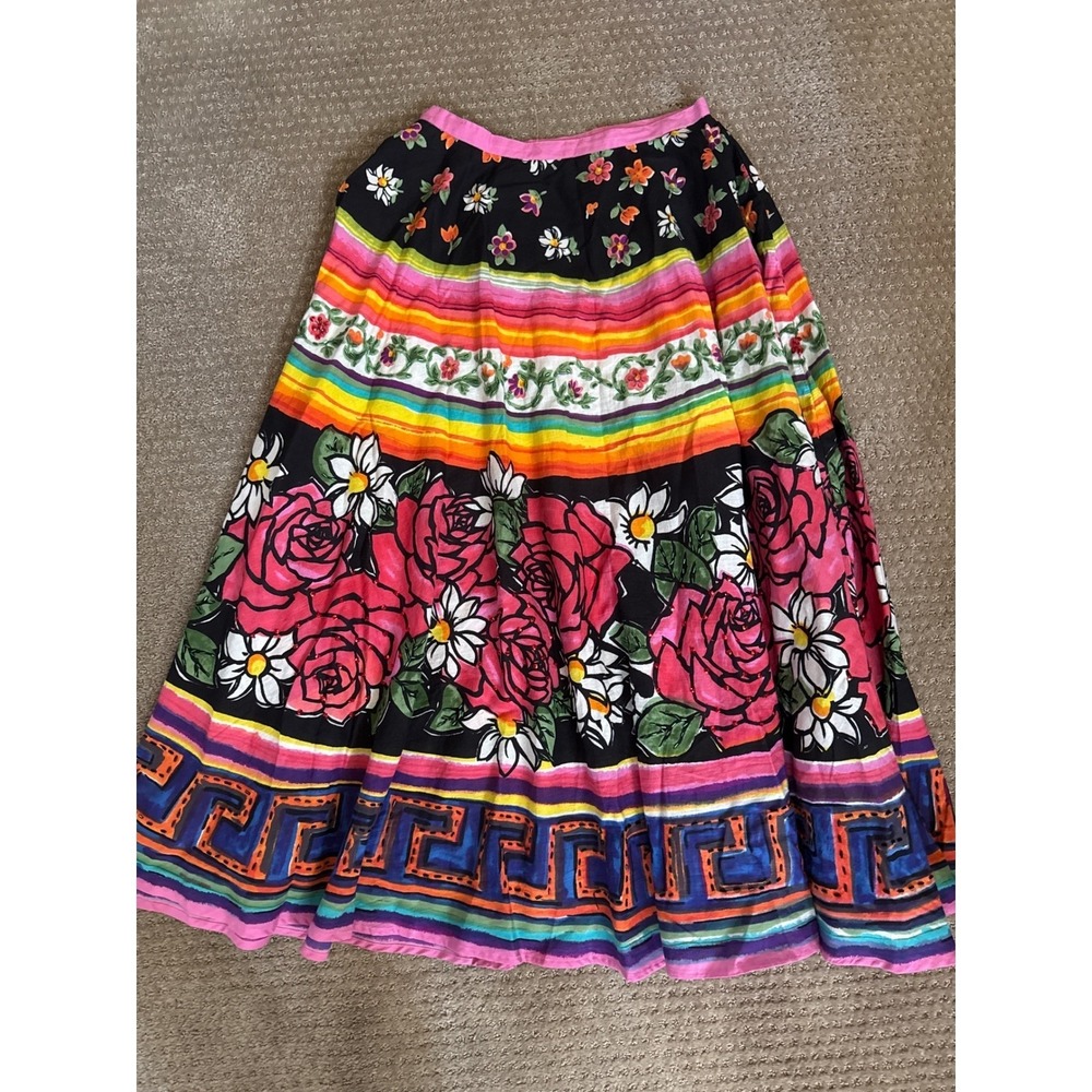 Chaudry Sports Floral Beaded Cotton Midi Skirt Multi Color Boho Womens Small